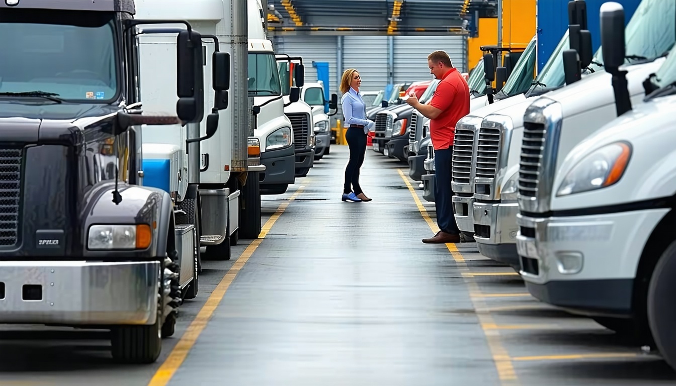 A bustling truck dealership with sales representat